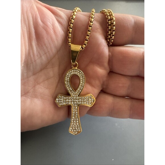 Gold Plated Cubic Zirconia Stainless Steel Egyptian Ankh Cross Pendant Necklace - Picture 5 of 6